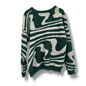 Originality Womens XL Green Cream‎ Abstract Swirl Fuzzy Knit Sweater Distressed